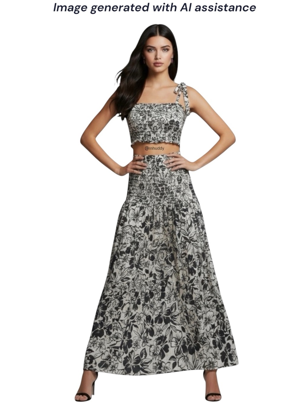 American Eagle black/white floral smocked crop top & skirt set - Picture 4 of 14